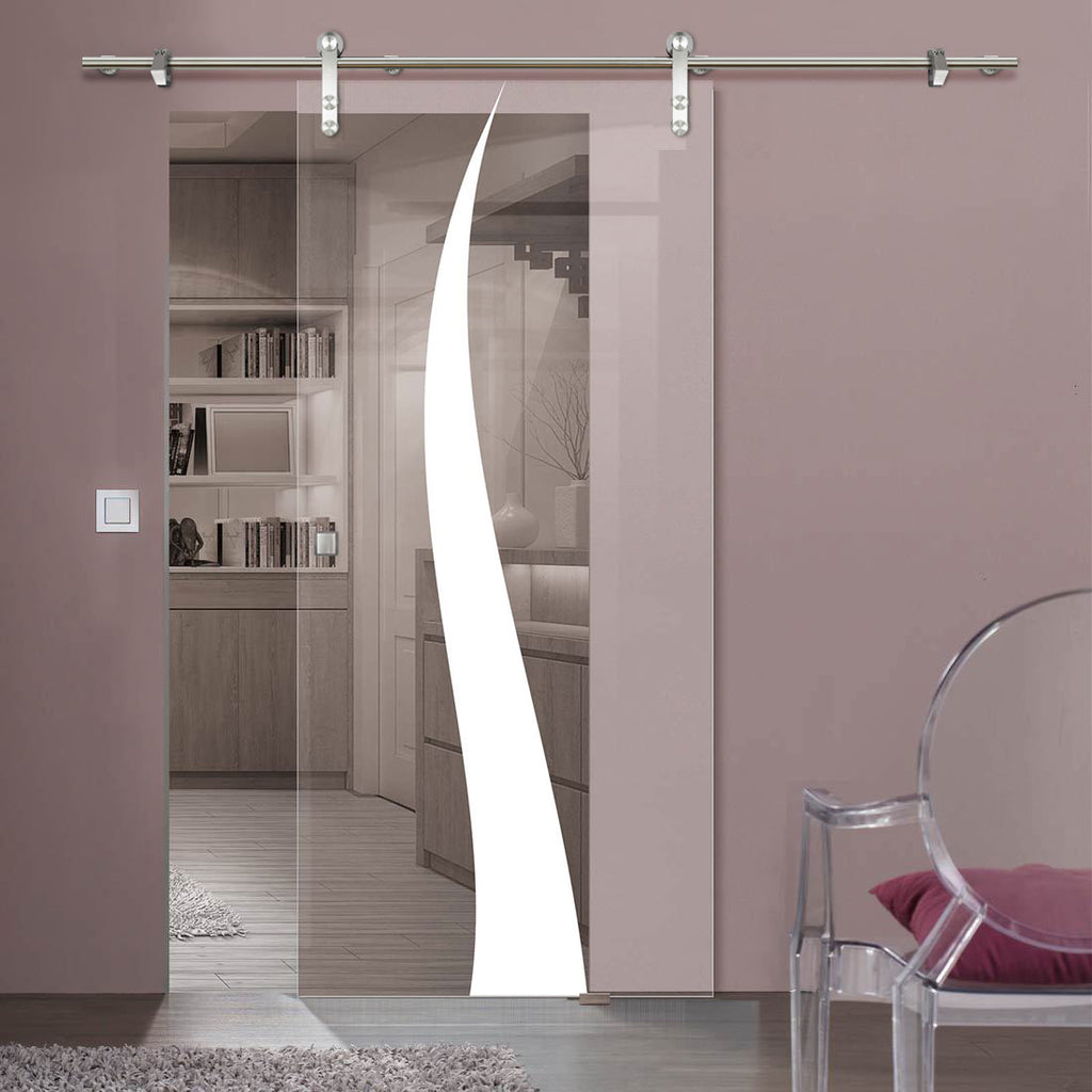 Single Glass Sliding Door - Solaris Tubular Stainless Steel Sliding Track & Roslin 8mm Clear Glass - Obscure Printed Design