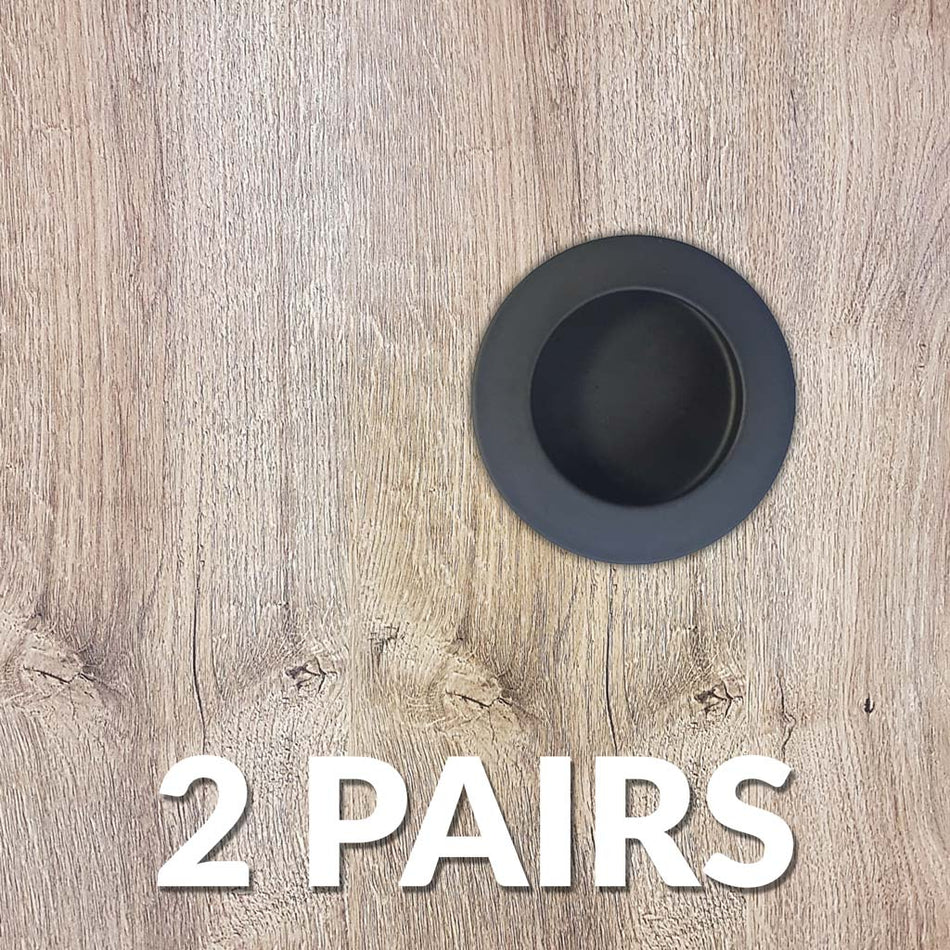 Two Pairs of Anniston 50mm Sliding Door Round Flush Pulls - Matt Black Finish