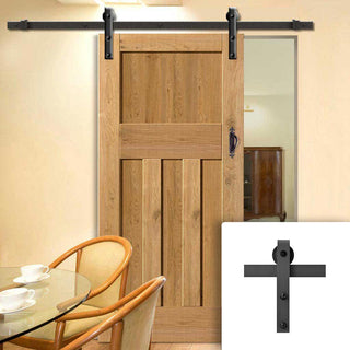 Image: Single Sliding Door & Black Barn Track - Rustic 1930 DX Shaker Oak Door - Prefinished