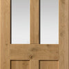Rustic Oak Shaker 2 Panel 2 Pane Absolute Evokit Double Pocket Door Detail - Prefinished - Clear Glass