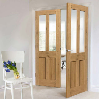 Image: J B Kind Rustic Oak Shaker 2 Panel 2 Pane Door Pair - Clear Glass - Prefinished