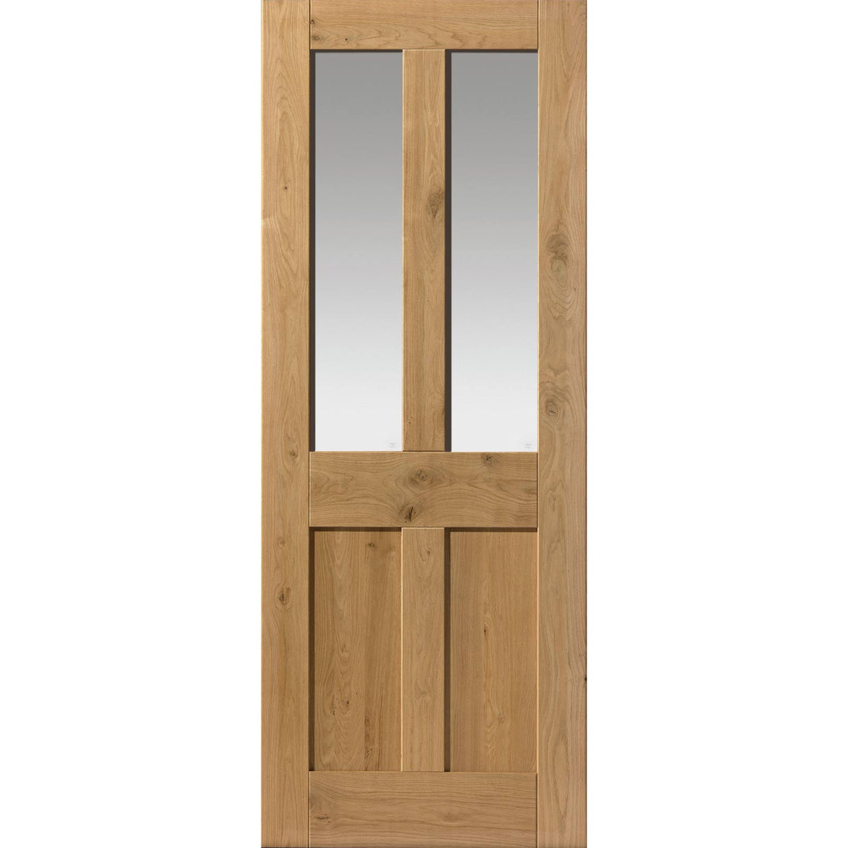 Rustic Oak Shaker 2 Panel 2 Pane Absolute Evokit Double Pocket Door Detail - Prefinished - Clear Glass