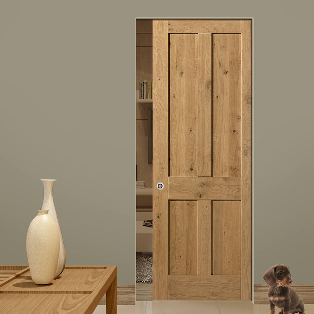 Rustic Oak Shaker 4 Panel Absolute Evokit Pocket Door - Prefinished
