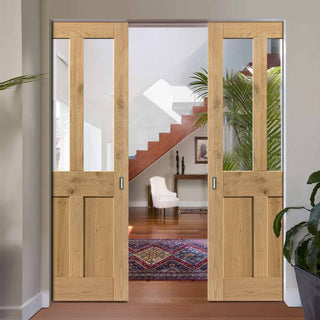 Image: Rustic Oak Shaker 2 Panel 2 Pane Absolute Evokit Double Pocket Doors - Prefinished - Clear Glass