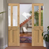 Rustic Oak Shaker 2 Panel 2 Pane Absolute Evokit Double Pocket Doors - Prefinished - Clear Glass