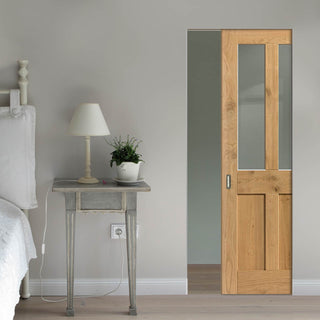 Image: Rustic Oak Shaker 2 Panel 2 Pane Absolute Evokit Pocket Door - Prefinished - Clear Glass