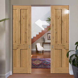 Image: Rustic Oak Shaker 4 Panel Absolute Evokit Double Pocket Doors - Prefinished