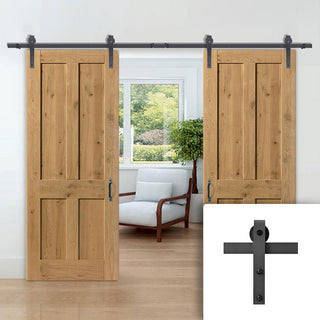 Image: Double Sliding Door & Black Barn Track - Rustic Shaker 4 Panel Oak Doors - Prefinished