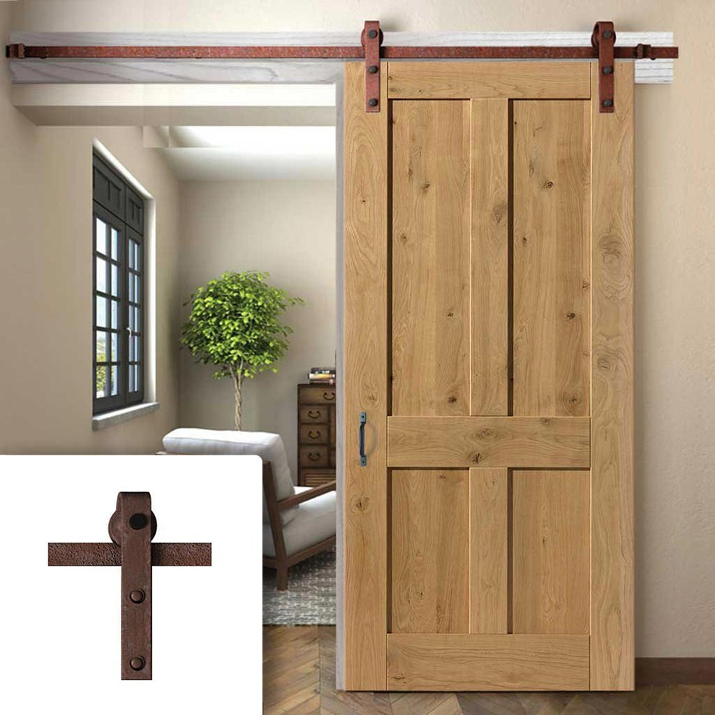 Single Sliding Door & Straight Antique Rust Track - Rustic Shaker 4 Panel Oak Door - Prefinished