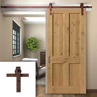 Image: Single Sliding Door & Straight Antique Rust Track - Rustic Shaker 4 Panel Oak Door - Prefinished