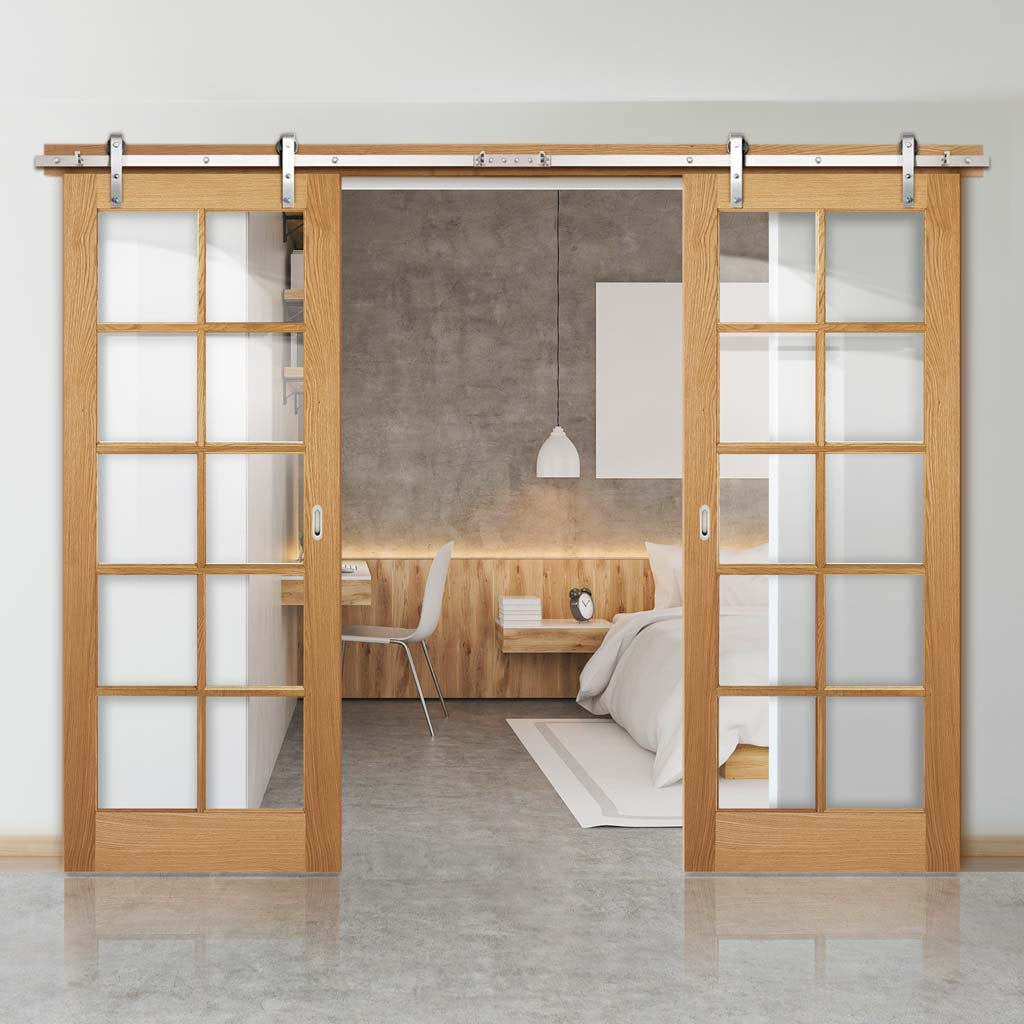 Double Sliding Door & Track - SA 10 Pane White Oak Doorss - Clear Glass - Unfinished