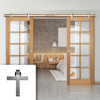 Image: Double Sliding Door & Stainless Steel Barn Track - SA 10 Pane White Oak Doorss - Clear Glass - Unfinished