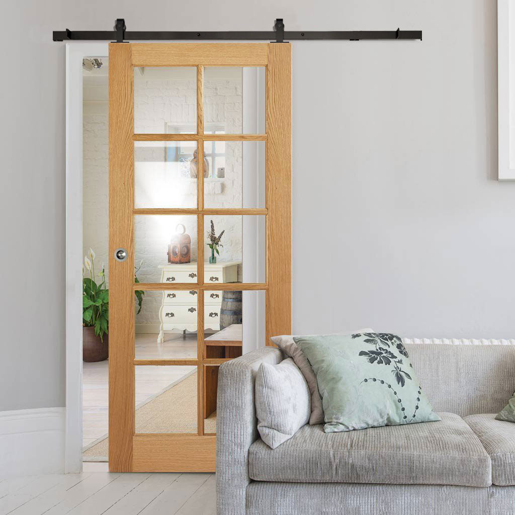 Top Mounted Black Sliding Track & Door - SA 10 Pane White Oak Door - Clear Glass - Unfinished