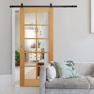 Image: Top Mounted Black Sliding Track & Door - SA 10 Pane White Oak Door - Clear Glass - Unfinished