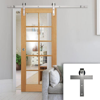 Image: Single Sliding Door & Stainless Steel Barn Track - SA 10 Pane White Oak Door - Clear Glass - Unfinished