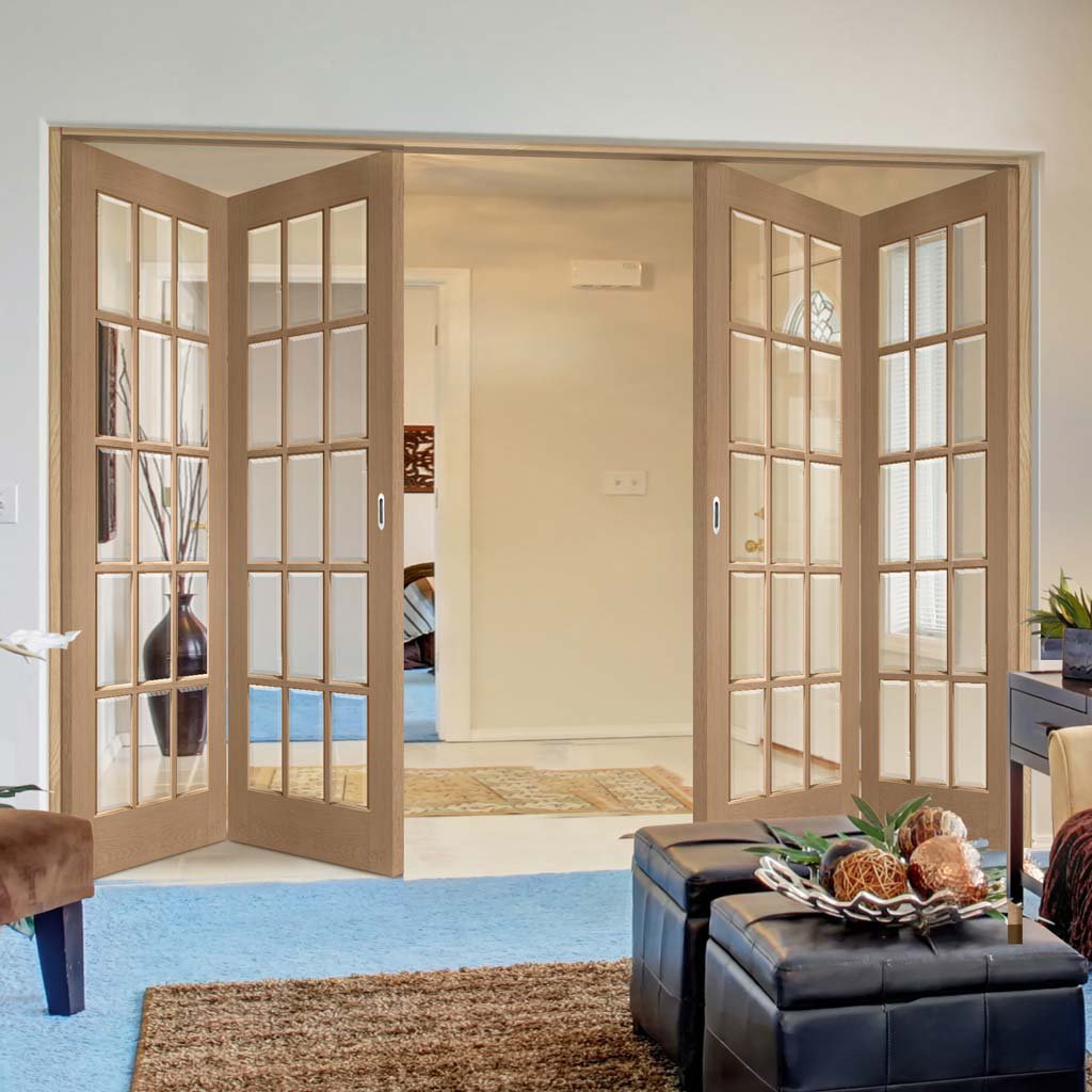 Four Folding Doors & Frame Kit - SA 15L Oak 2+2 - Bevelled Clear Glass - Unfinished