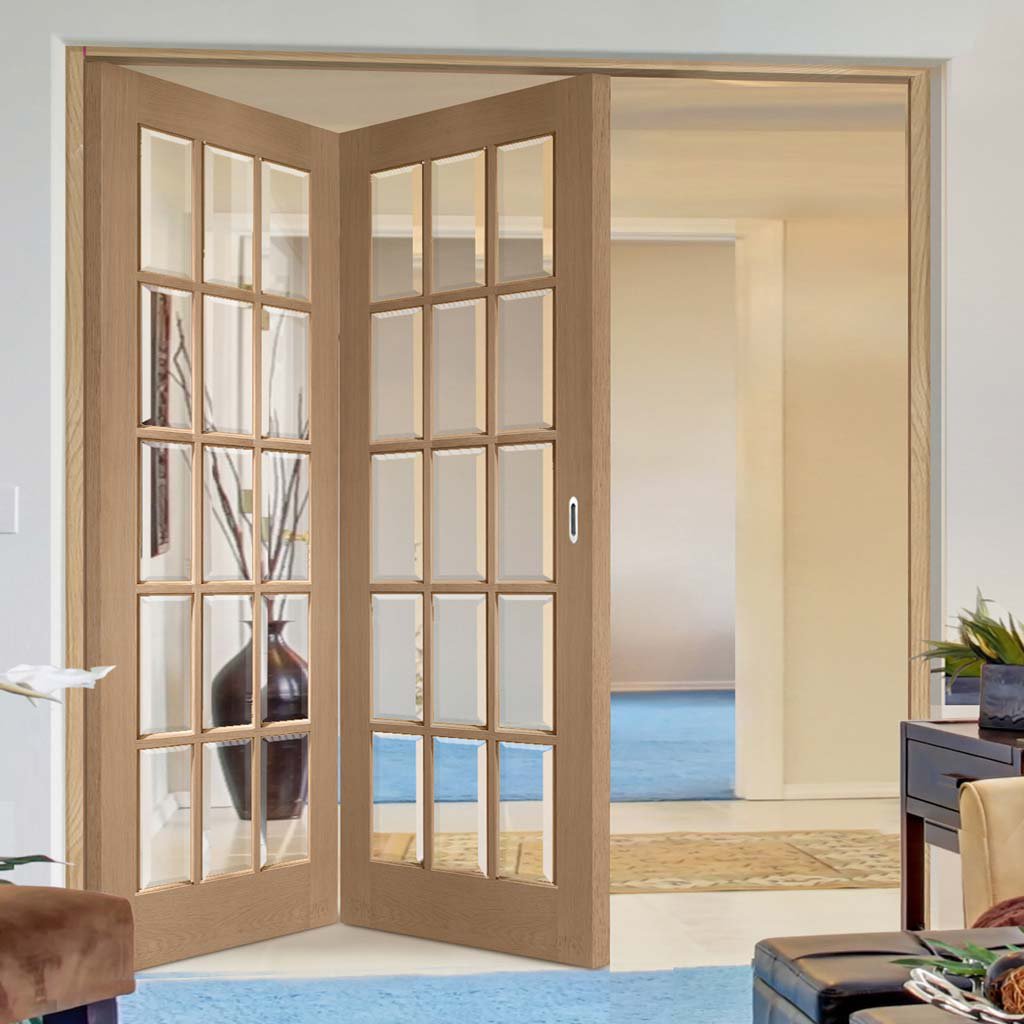 Two Folding Doors & Frame Kit - SA 15 Pane Oak 2+0 - Bevelled Clear Glass - Unfinished