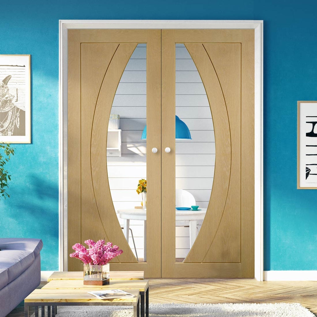 Prefinished Salerno Oak Door Pair - Clear Glass - Choose Your Colour