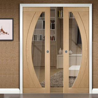 Image: Salerno Oak Double Evokit Pocket Doors - Clear Glass - Prefinished