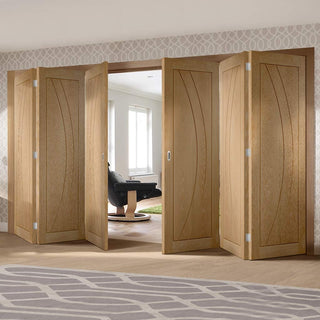 Image: Six Folding Doors & Frame Kit - Salerno Oak Flush 3+3 - Unfinished
