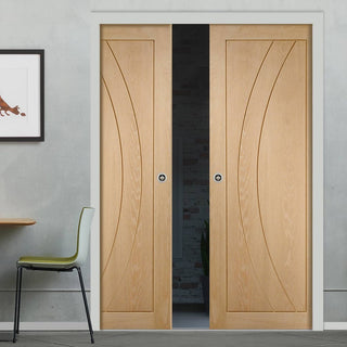 Image: Salerno Oak Flush Double Evokit Pocket Doors