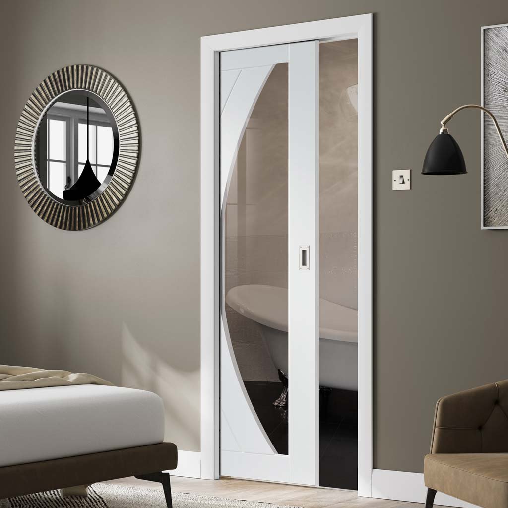 Salerno Flush Evokit Pocket Fire Door - 1/2 hour Fire Rated - Clear Fire Glass - Primed