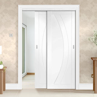 Image: Two Sliding Doors and Frame Kit - Salerno Flush Door - White Primed