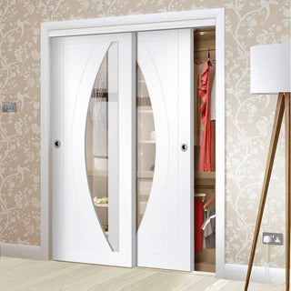 Image: Bespoke Thruslide Salerno Glazed 2 Door Wardrobe and Frame Kit - White Primed - White Primed