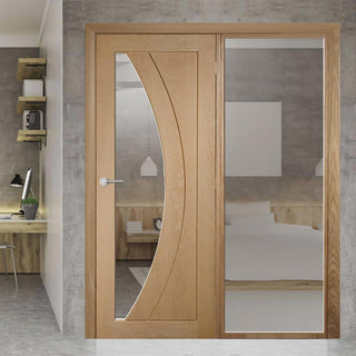 Image: ThruEasi Oak Room Divider - Salerno Clear Glass Unfinished Door with Full Glass Side