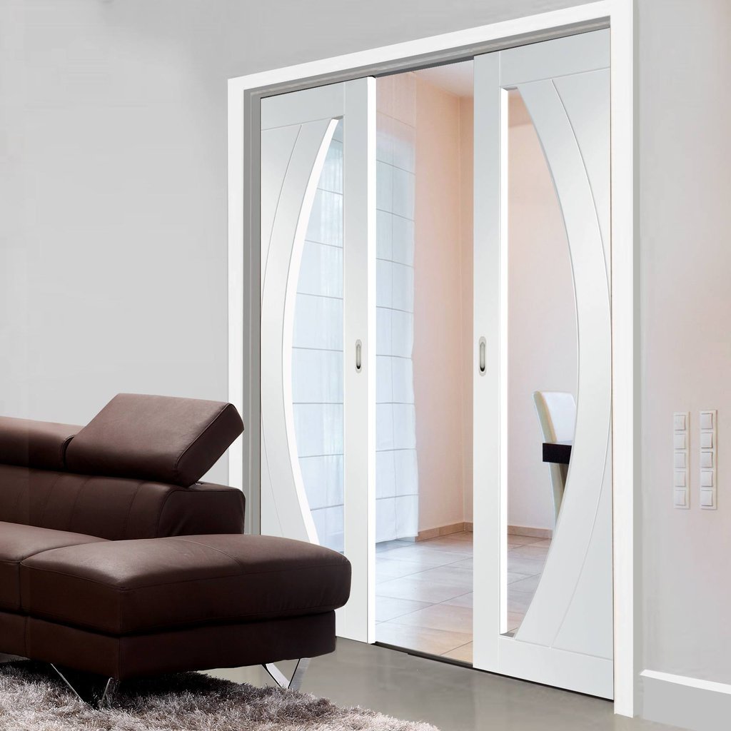 Salerno Double Evokit Pocket Doors - Clear Glass - Primed