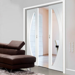 Image: Salerno Double Evokit Pocket Doors - Clear Glass - Primed