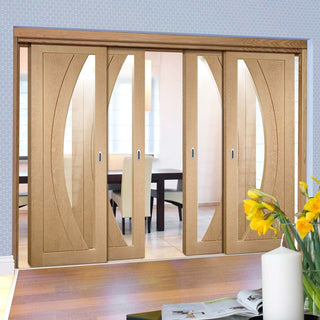 Image: Bespoke Thruslide Salerno Oak Glazed - 4 Sliding Doors and Frame Kit - Prefinished