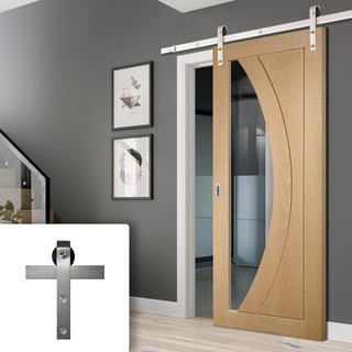 Image: Single Sliding Door & Stainless Steel Barn Track - Salerno Oak Door - Clear Glass - Prefinished