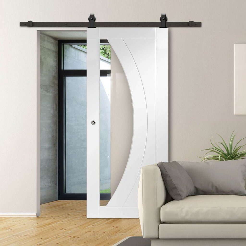 Top Mounted Black Sliding Track & Door - Salerno Door - Clear Glass - White Primed