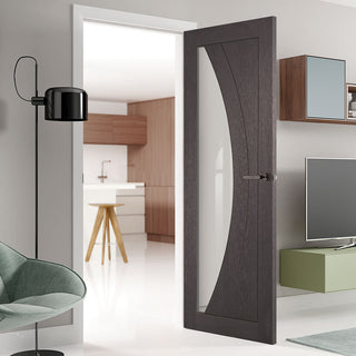 Image: Mode Salerno Internal Door - Umber Grey Laminate - Clear Glass - Prefinished