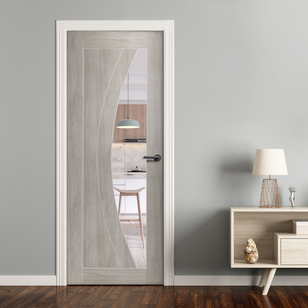 Mode Salerno Internal Door - White Grey Laminate - Clear Glass - Prefinished