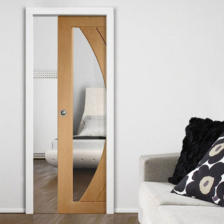 Image: Salerno Oak Single Evokit Pocket Door - Clear Glass - Prefinished