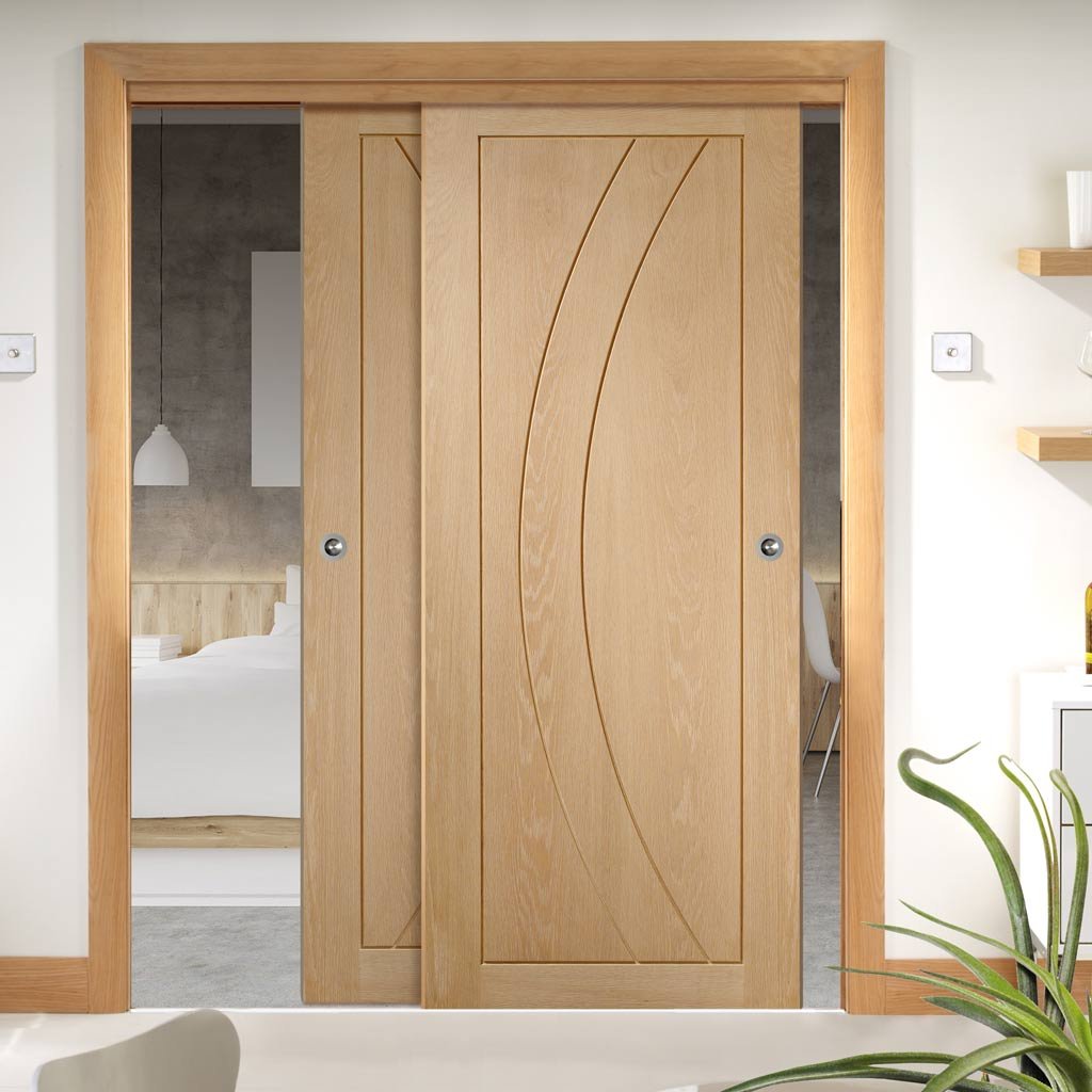 Two Sliding Doors and Frame Kit - Salerno Oak Flush Door - Prefinished
