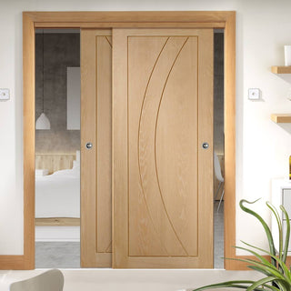 Image: Two Sliding Doors and Frame Kit - Salerno Oak Flush Door - Unfinished