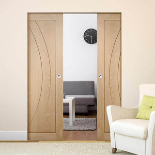 Image: Bespoke Salerno Oak Flush Double Frameless Pocket Door