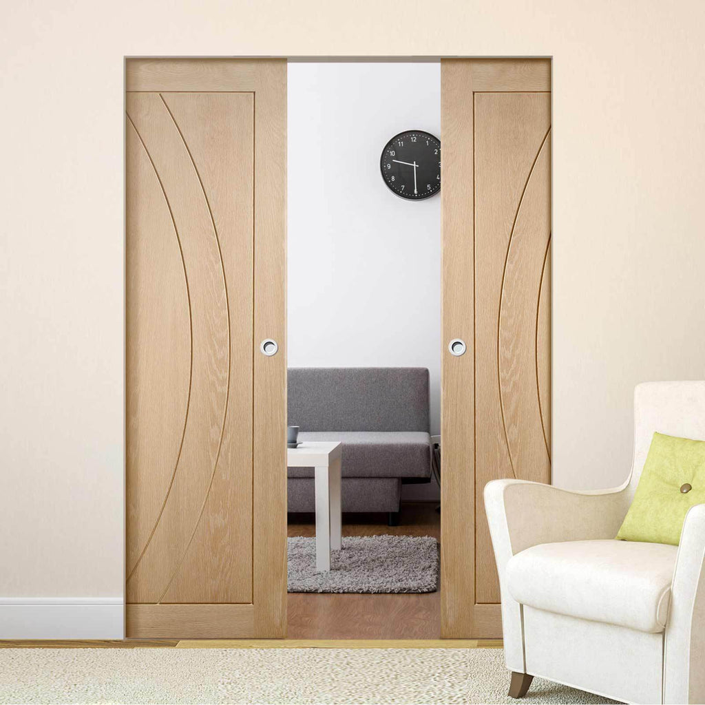 Bespoke Salerno Oak Flush Double Frameless Pocket Door - Prefinished