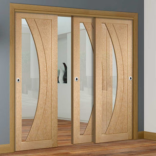 Image: Bespoke Thruslide Salerno Oak Glazed - 3 Sliding Doors and Frame Kit - Prefinished