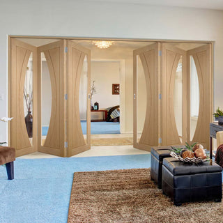 Image: Six Folding Doors & Frame Kit - Salerno Oak 3+3 - Clear Glass - Prefinished