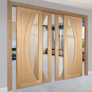 Image: Four Sliding Doors and Frame Kit - Salerno Oak Door - Clear Glass - Prefinished