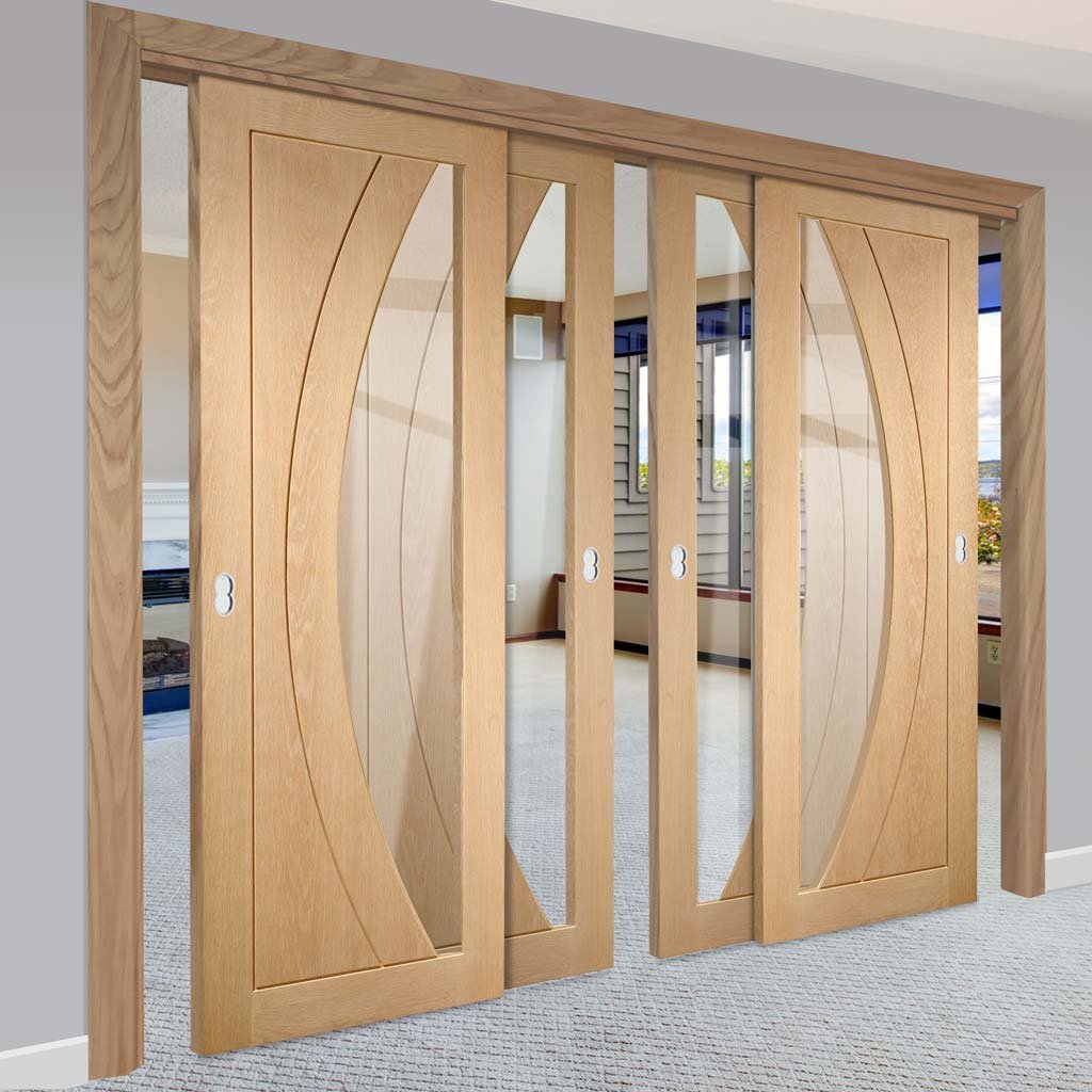 Four Sliding Doors and Frame Kit - Salerno Oak Door - Clear Glass - Unfinished