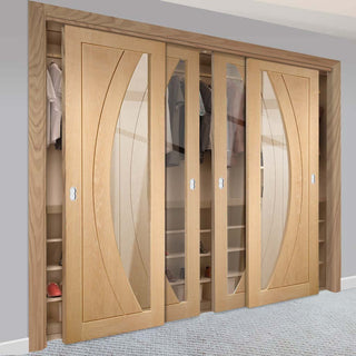 Image: Bespoke Thruslide Salerno Oak Glazed 4 Door Wardrobe and Frame Kit - Prefinished