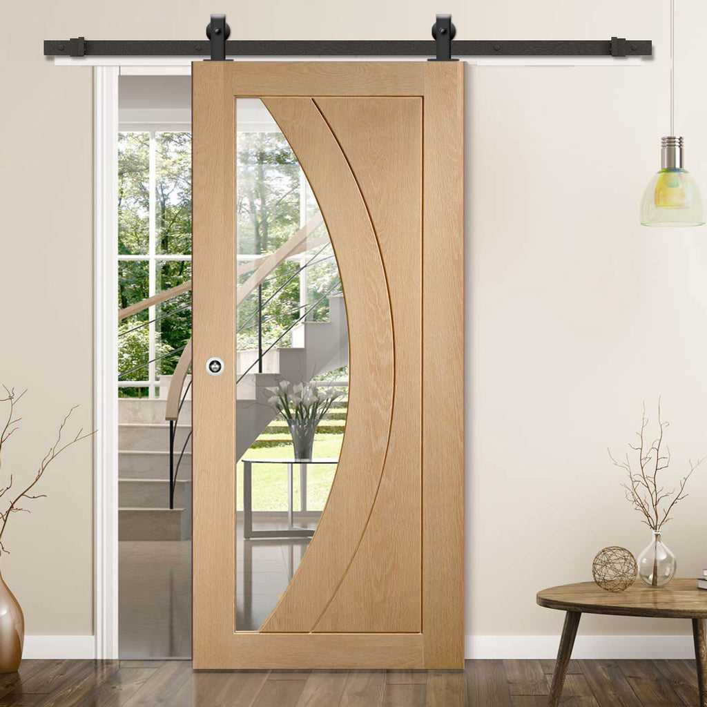 Top Mounted Black Sliding Track & Door - Salerno Oak Door - Clear Glass - Prefinished
