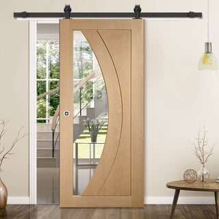 Image: Top Mounted Black Sliding Track & Door - Salerno Oak Door - Clear Glass - Prefinished