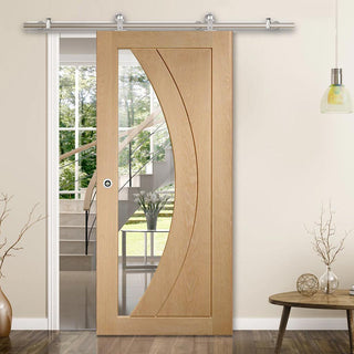 Image: Sirius Tubular Stainless Steel Sliding Track & Salerno Oak Door - Clear Glass - Prefinished