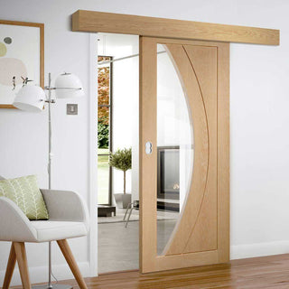 Image: Single Sliding Door & Wall Track - Salerno Oak Door - Clear Glass - Unfinished